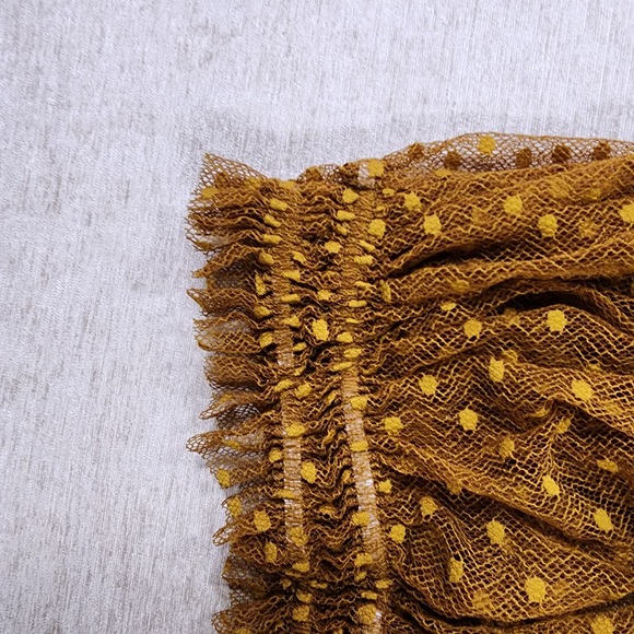 Free People Tulle Polka Dot Top Flutter Sleeve Mock Neck Blouse Brown Gold S - Picture 6 of 7